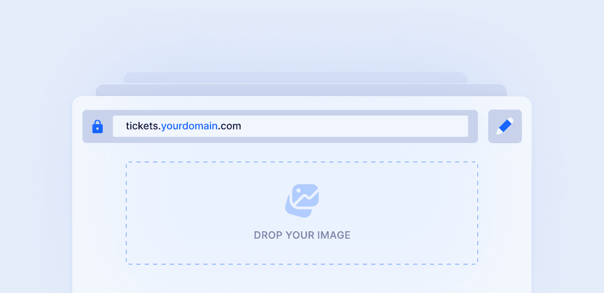 Stylized webpage screenshot with text "tickets.yourdomain.com" in URL bar