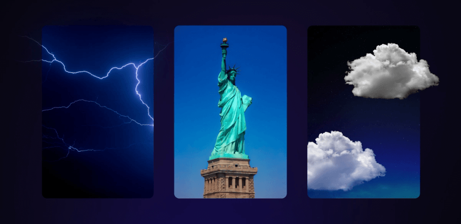  3 Bilder: Blitz, die Freiheitsstatue, Wolken